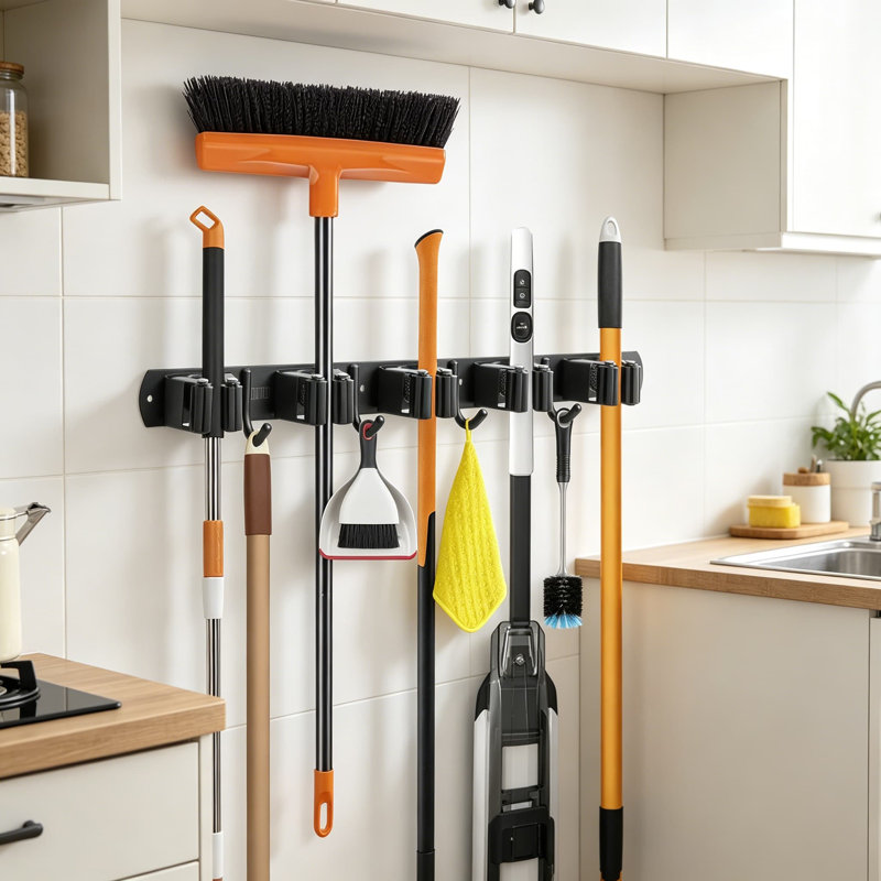 Support mural robuste en acier inoxydable pour porte-balais avec 5 supports et 4 crochets - Rangement pour garage et buanderie auto-adhésif ou à visser pour balais, vadrouilles et outils
