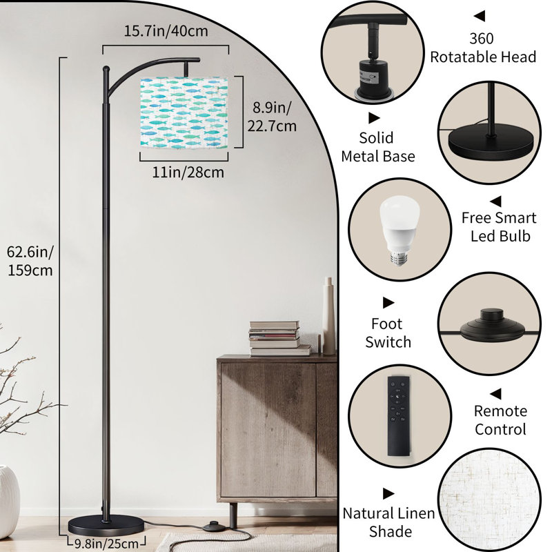  Arc Floor Lamp Colorful crayon drawn school fish Marine rough Tall Modern Standing Lamp LED Adjustable Linen Lampshade 3 Color Temperatures