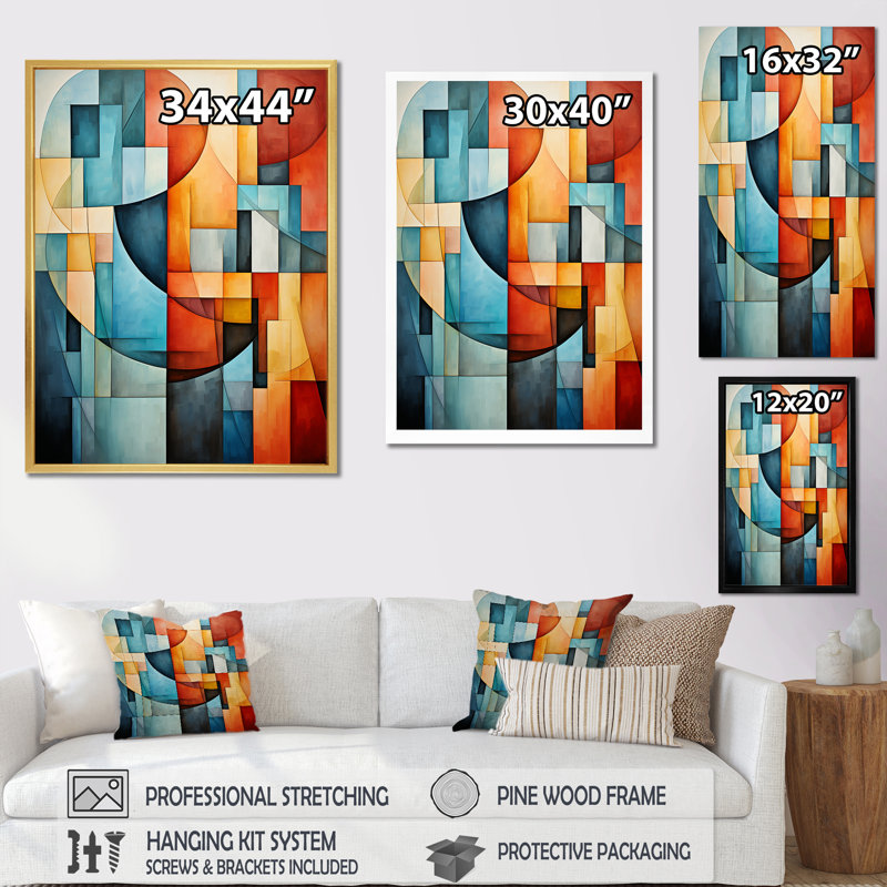 «Cubism Harmony Of Shapes I - Abstract Collages», art mural sur toile, Cadre flottant doré, H 40 po x l 30 po x P 1,5 po