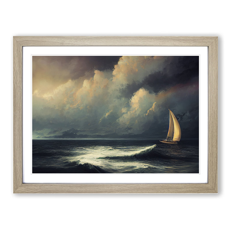 XH1022-7614X Sailing Boat on the Sea 1 Piece Single Picture Frame Painting, 46cm H x 64cm W x 2cm D, Oak