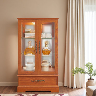 Vitrine lumineuse vitrée avec tablettes réglables en verre 2 portes et 1 tiroir avec ampoule incluse
