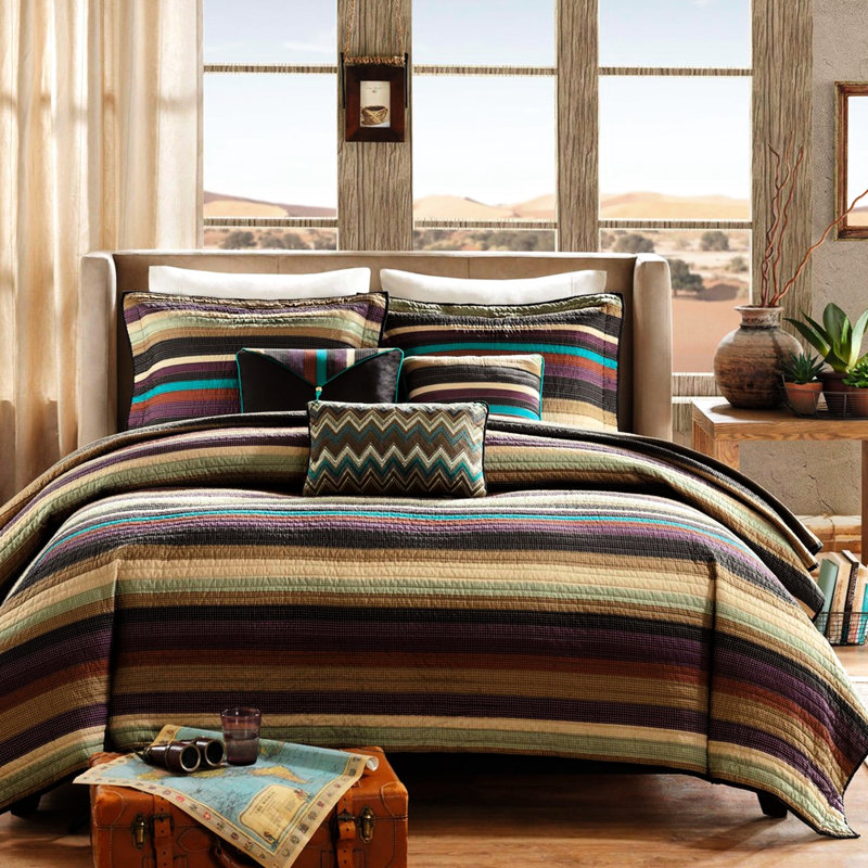 Courtepointe réversible simple / simple TG et coussin décoratif, microfibre, rayures bleu sarcelle mauve, motif décoratif à rayures en zigzag pour les coussins, filet