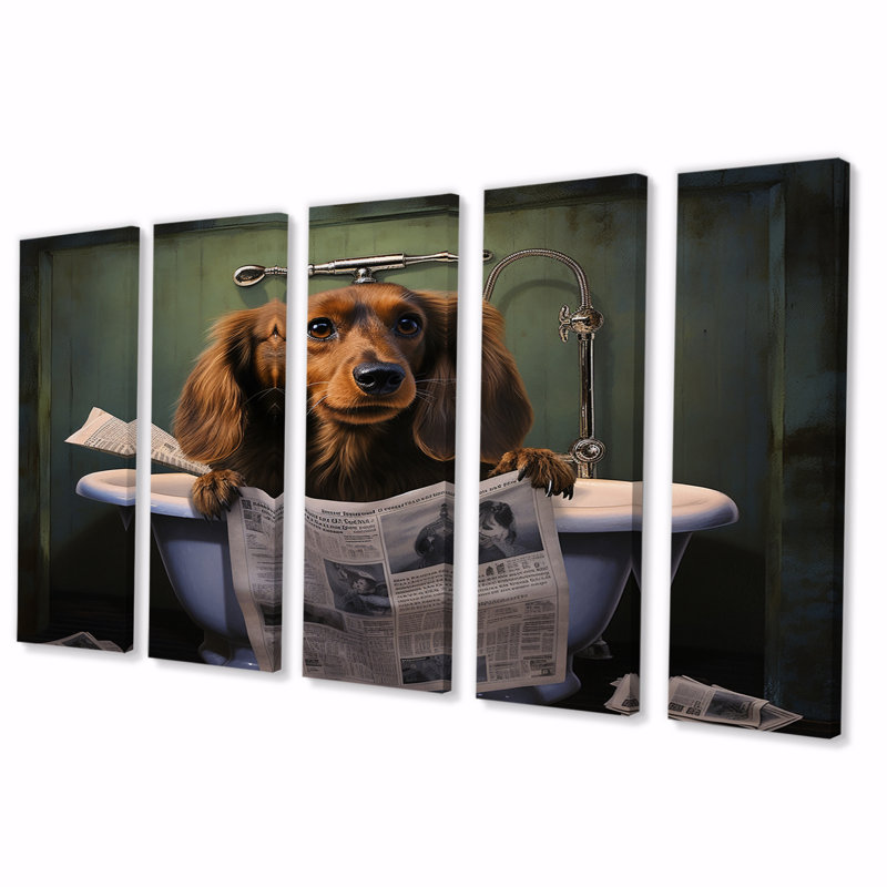 Chien lisant un journal sur une toilette IV - animaux, décoration murale chien - 5 panneaux égaux