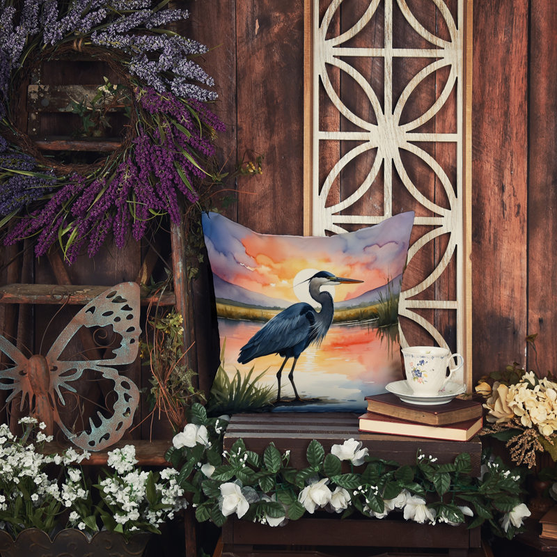 Blue Heron Setting Sun Throw Pillow, Square 14"