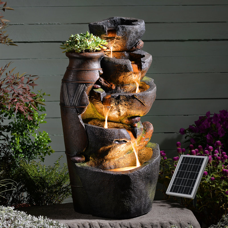 5 Tiered Rock Solar Water Fountain Outdoor With Vintage Jar, Cascading Waterfall Fountain With Led Lights, Outdoor Fountains For Garden Or Patio, Yard, And Deck Decor, 16.5" L X 12.6" W X 31.7" H