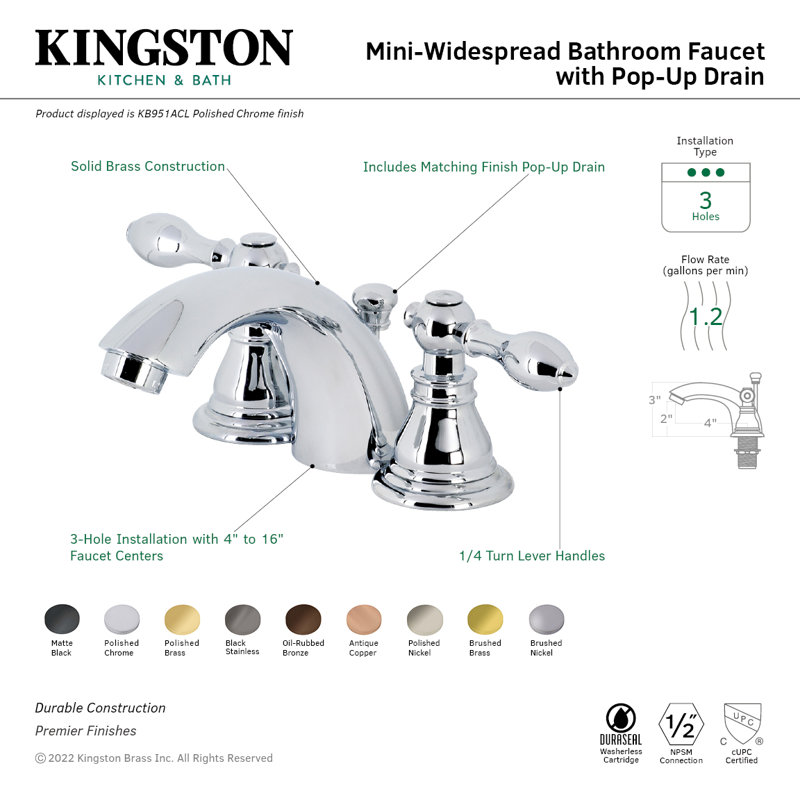 Robinet de salle de bain espacé avec ensemble de drain American Classic, Laiton poli