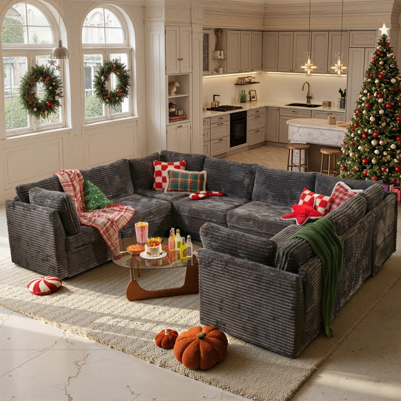 Nathasa 8-Piece Upholstered Corduroy Sectional, Gray Corduroy