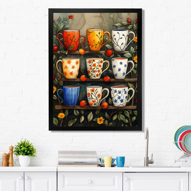 «Red Blue Boho Morning Coffee Cups III», impression d'art mural café, H 12 po x l 20 po, Cadre simple noir