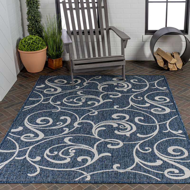 Maribel Traditional Classic All-Over Scroll Navy/Cream Indoor/Outdoor Rug, Rectangle 4' x 6'