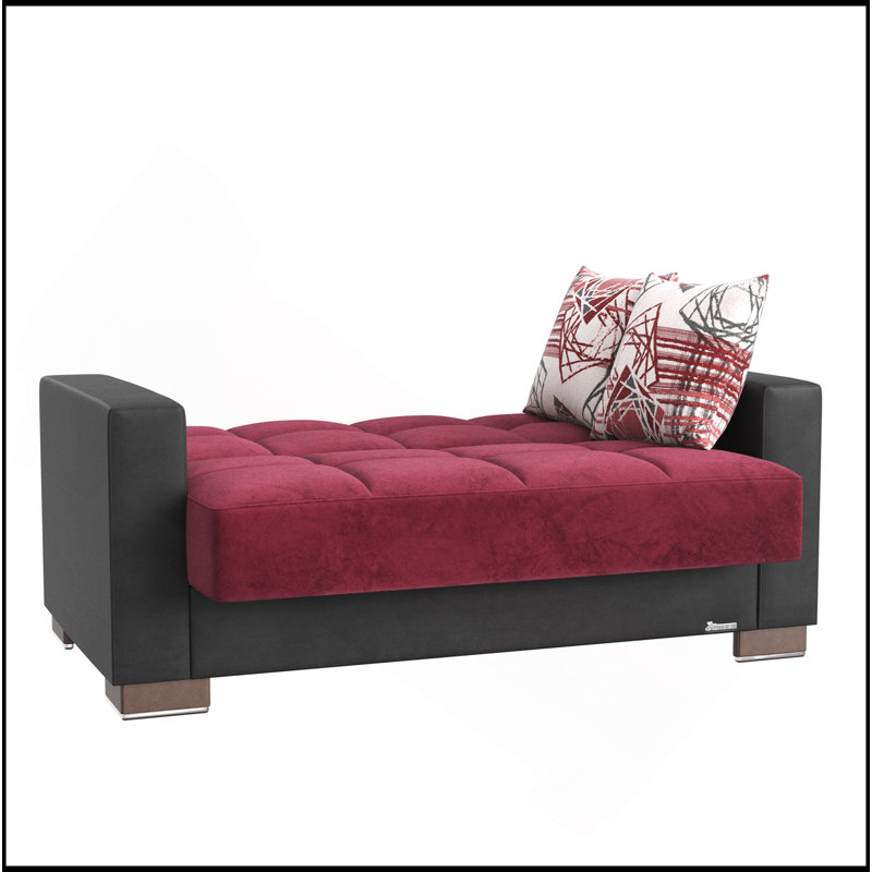 Causeuse convertible rembourrée avec rangement, microfibre polyuréthane bourgogne / noir, Microfibre bourgogne, Noir