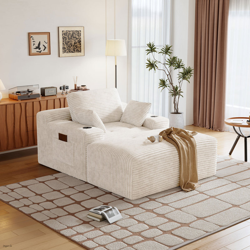 Oversized Plush Corduroy Chaise Lounge Chair Indoor Sleeper Reading Upholstered Sofa With Ottoman Corduroy Cloud Sofa Plush Chair Couch Bed for Living Room Bedroom with Cup Holder (Khaki)