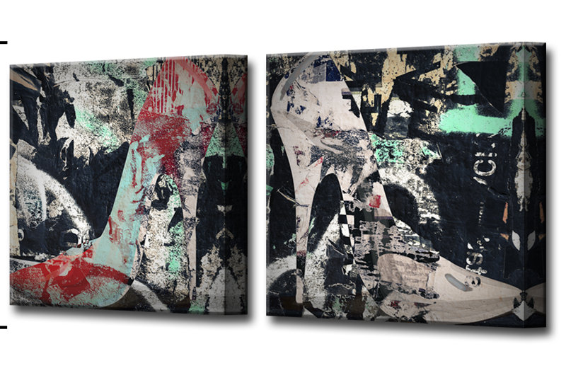 « urban mode xix », ensemble de 2 reproductions d’impressions encadrées sur toile noir/gris, H 12 po x l 24 po x P 1,5 po