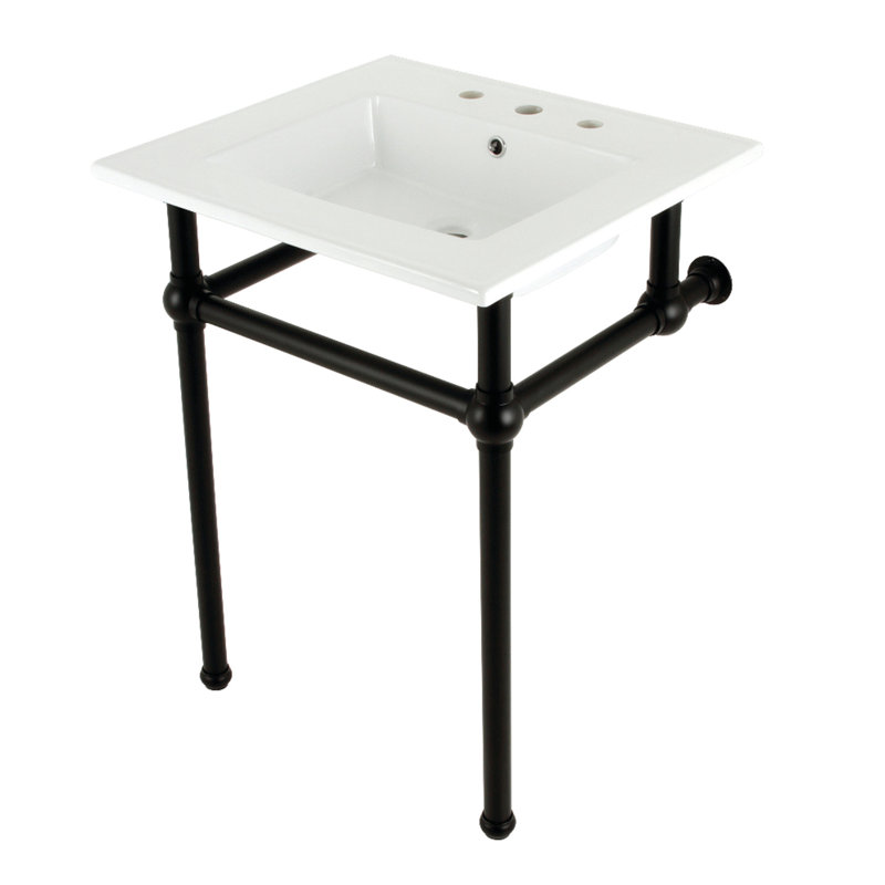 Kingston Brass Templeton 25-Inch Ceramic Console Sink with Brass Legs (8-Inch, 3-Hole), White/Matte Black