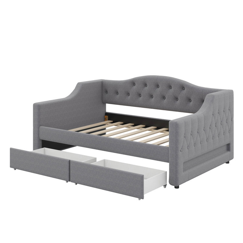 Twin XL Size Daybed With LED Belt And 2 Drawers, Grey