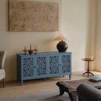 60 Inch Boho Sideboard Buffet, Media Console with 4 Doors, Shelves & Floral Wood Carving in Antique Blue