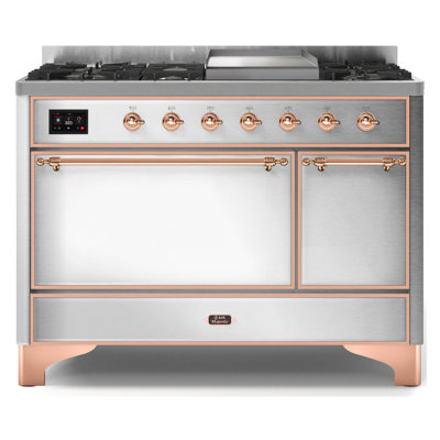 ILVE Majestic II Series 48 inch Dual Fuel Range with 8 Sealed Burners, Griddle (Solid Door)