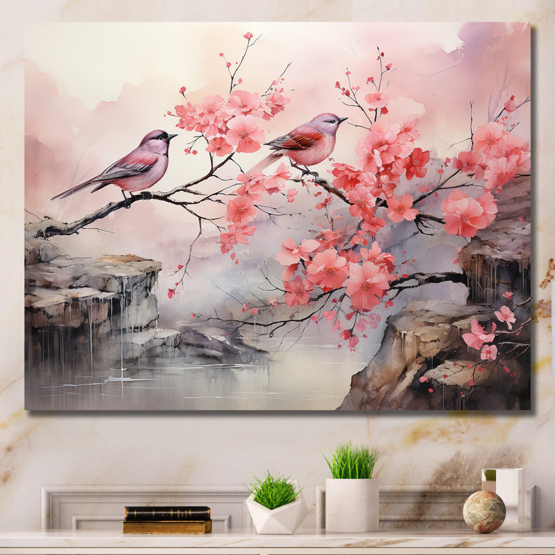 Sakura oiseaux roses sur arbre en fleurs roses - Art mural oiseau, Toile tendue, H 16 po x l 32 po x P 1 po