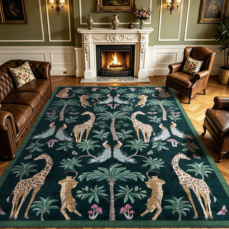 Tapis lavable à motif botanique tropical, Sarcelle, Rectangle 9 pi x 12 pi