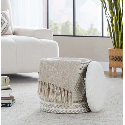 Handwoven Wool Storage Ottoman With Tufted And Knotted Design, Perfect For Multi-Use And Indoor Decor