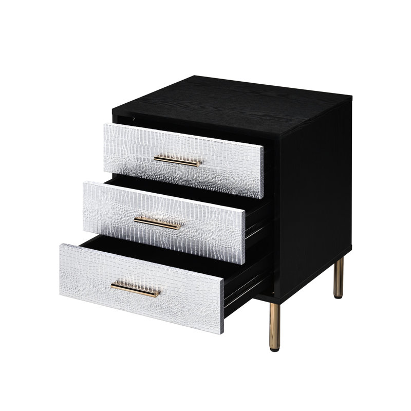 Table de chevet noire, argentée et dorée avec repose-pieds en métal et 3 tiroirs spacieux