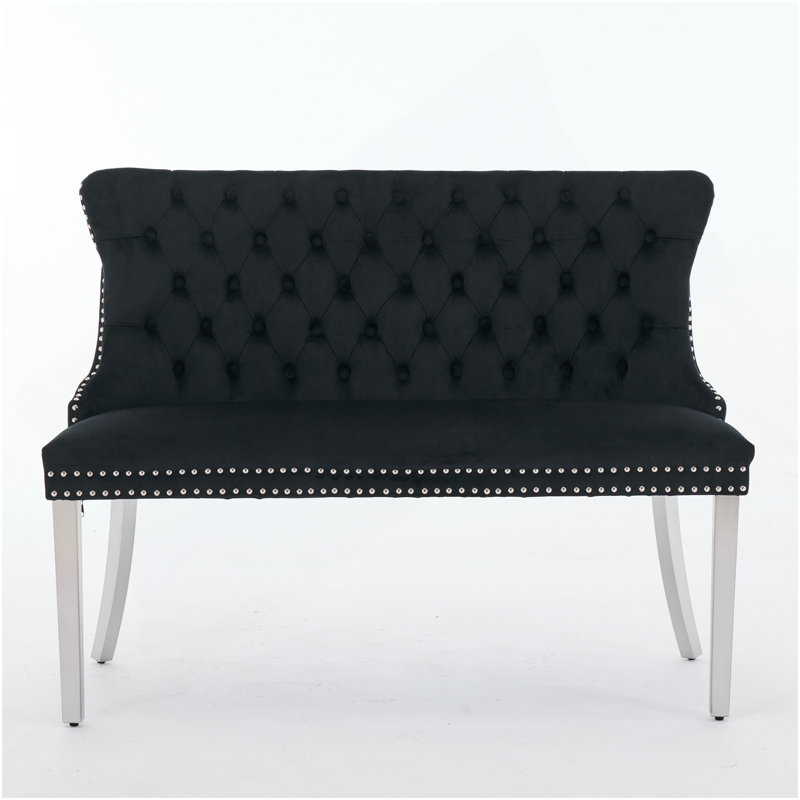 Velvet Double Dining Loveseat Bench, Kitchen & Dining Seating, 2-Seat Tufted Bench W/Handmade Buttons, Wing Back, Brushed Silver Stainless Steel Legs, Mid Century Modern,Single Pack,Black,SW1702BK