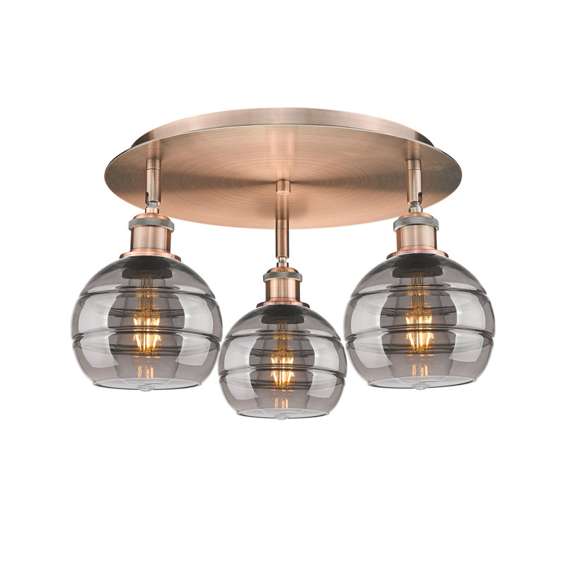 Plafonnier semi-encastré Glassoff, Gris fumée clair, H 8,88 po x l 17,63 po x P 17,63 po, Cuivre antique