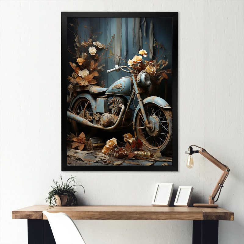 Motocyclette rustique avec fleur d'aventure I, Cadre simple noir, H 44 po x l 34 po x P 1,5 po