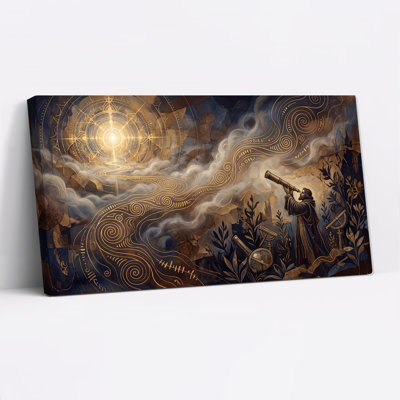 Robed Man With Telescope And Golden Celestial Sky Canvas Wall Art