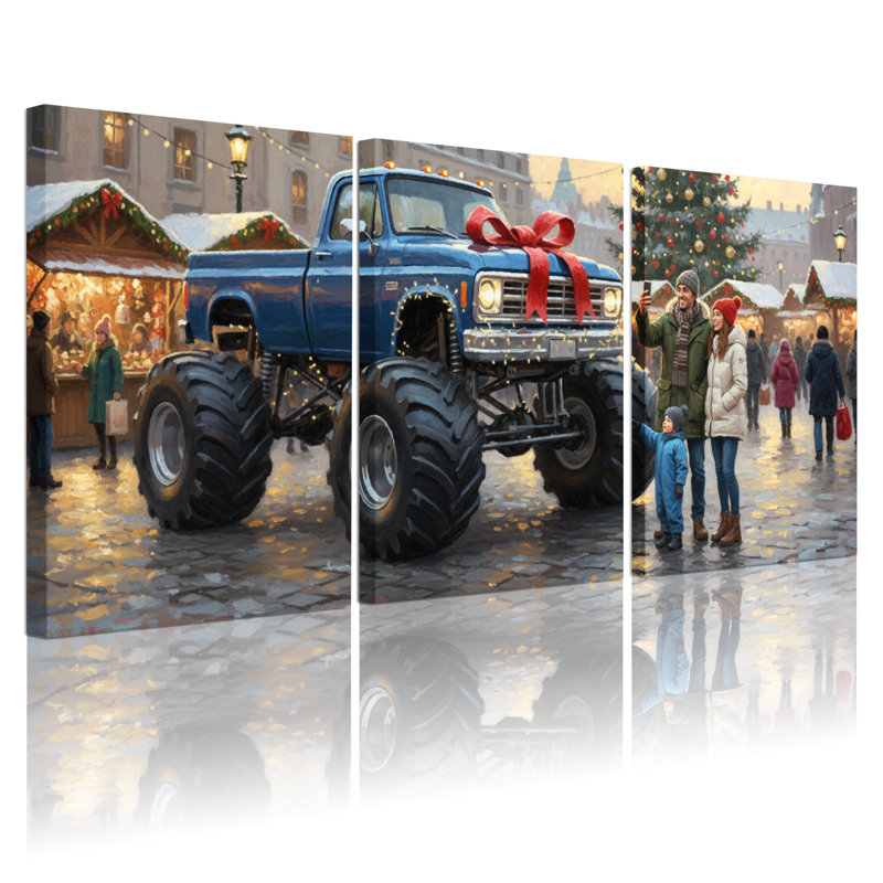 «Christmas Blue Truck Christmas Market Scene», ensemble de 3 reproductions d'art sur toile, H 30 po x l 60 po