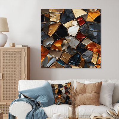 Gold And Blue Cubic Mosaic Tiles IV - Abstract Tile Metal Wall Art
