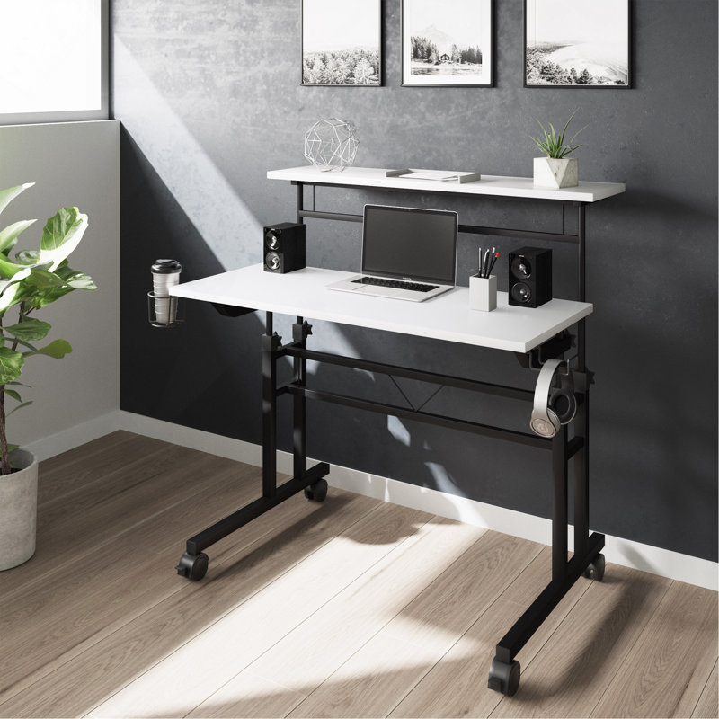 Bureau d'écriture à roulettes avec hauteur réglable et tablette mobile, blanc, Blanc