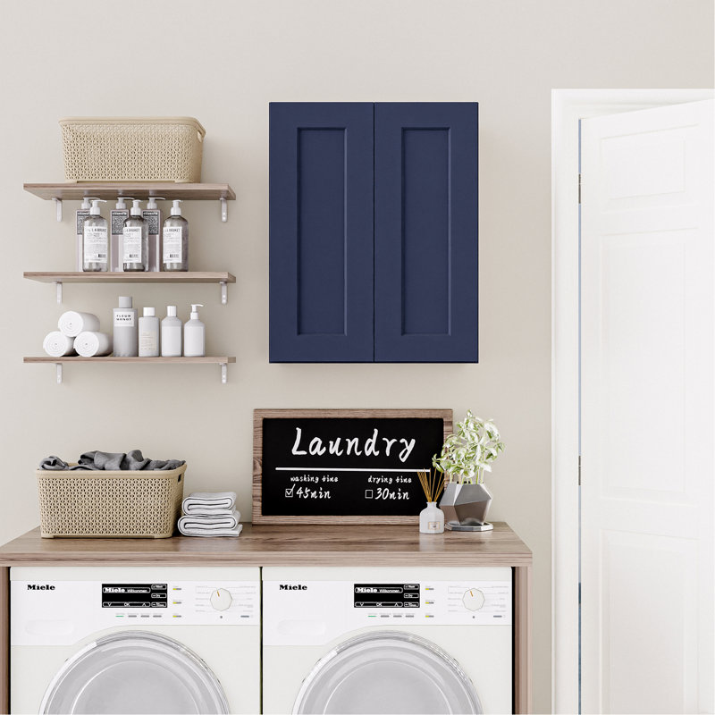 Armoire murale en bois massif bleu marine Shaker de 24 po, charnières à fermeture douce, tablettes réglables, porte double pour cuisine, salle de bain, buanderie, l 24 po x P 12 po x H 30 po