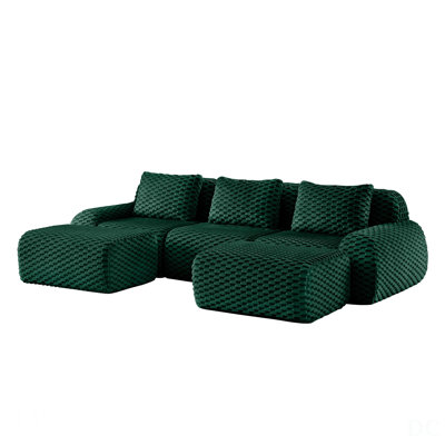 114 Inch Modern U-Shaped Modular Sectional Sofa, Flannelette Fabric, Deep Seat, Movable Ottoman, No Assembly Required, Green