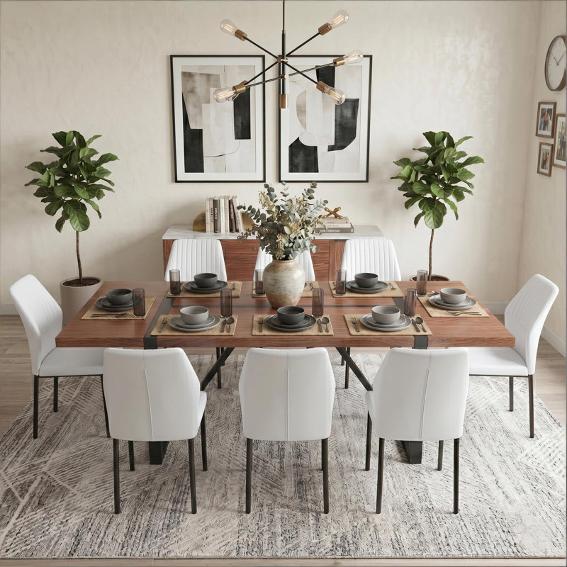 Ensemble de salle à manger 87 po Farmhouse, 9 Pieces: Table, 8 Chairs, Noyer, Blanc