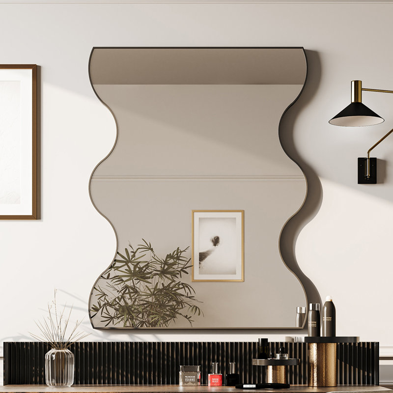 Miroir mural 30 po x 35 po rectangulaire avec 2 côtés ondulés, Noir
