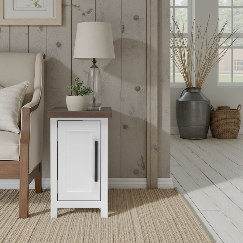 Brixham 14 inch Chairside Table, No Assembly Required, Two-Tone Finish, Dark Brown Wood Top/White Base