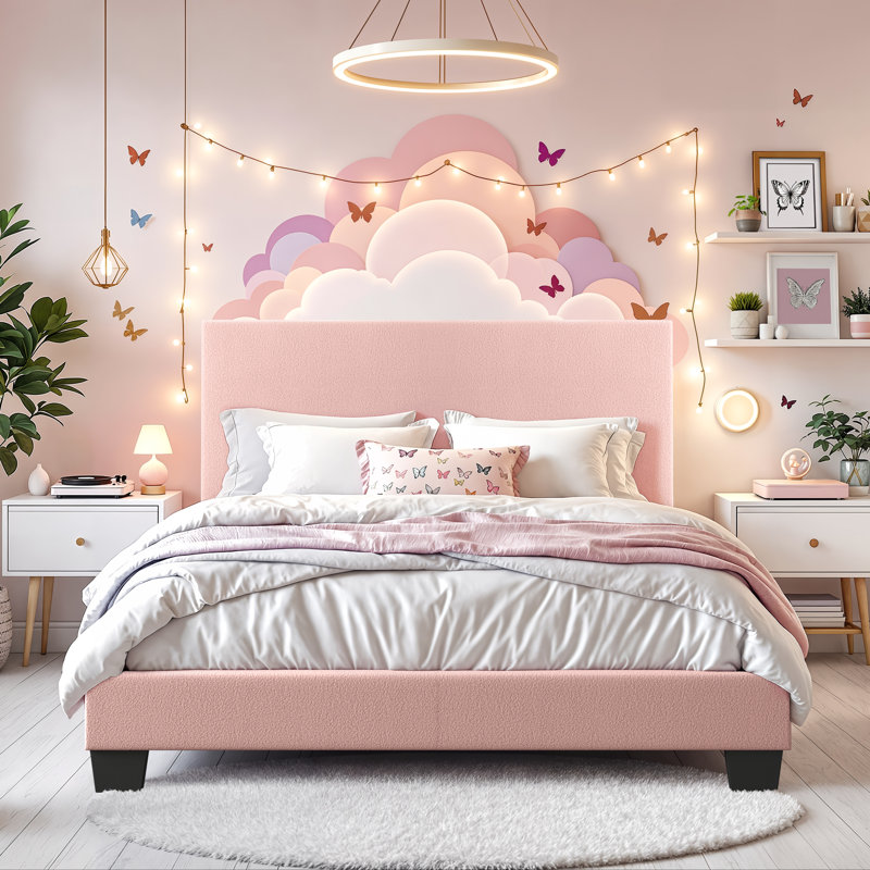 Lit tapissier Arlea, Double, Bouclé rose