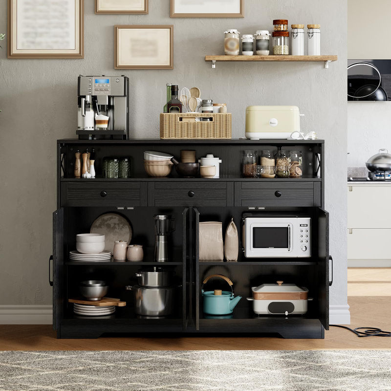 51" Farmhouse Sideboard Buffet Cabinet with Charging Station, 3 Drawers & 4 Barn Doors, Large Wood Coffee Bar Storage Pantry for Kitchen, Dining, Living Room