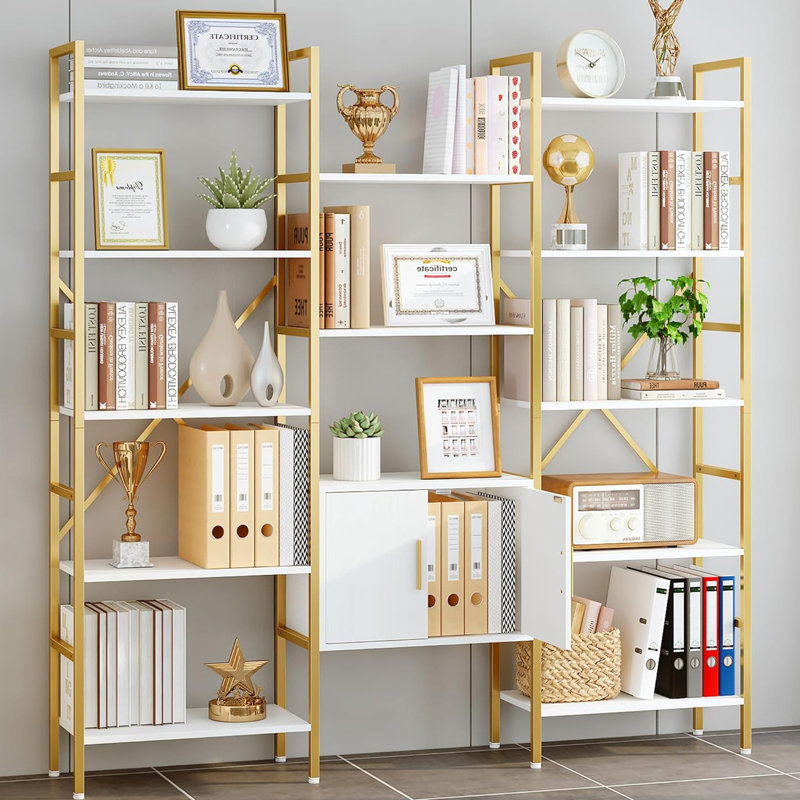 Tanaria  Bookshelf Triple Wide 5 Tier Etagere Bookcases with Storage Cabinet, White/Gold