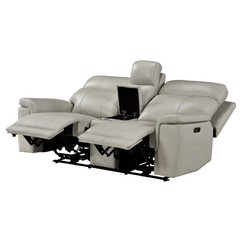 Canapé inclinable électrique Zelda, console et appuie-tête, cuir véritable gris