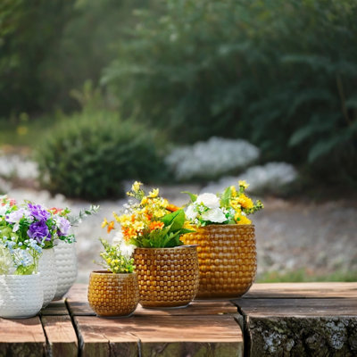 Ensemble de pots de fleurs en céramique terre cuite à rayures verticales moderne - paquet de 3 avec trou de drainage