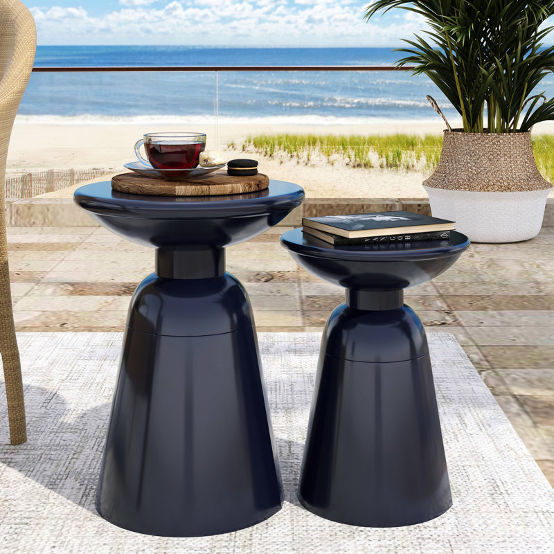 Modern Navy Blue Metal S/2 End Tables, Powder-coated Iron Frame, Design With Strong Pedestal Structure, 15"x15"x21.07" & 12"x12"x17.25", Assembly Required Table , Frame And Robust 15x15x21.07"