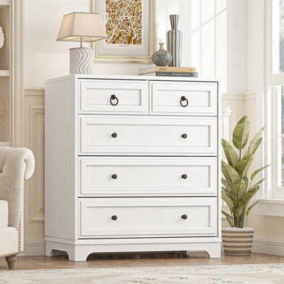 32.7" W Farmhouse 5-Drawer Dresser for Bedroom with Metal Ring Pulls