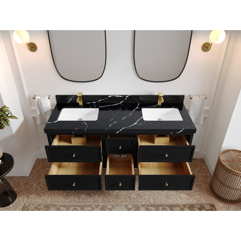 Meuble-lavabo double flottant 60 po avec dessus Roswell, Noir Calacatta