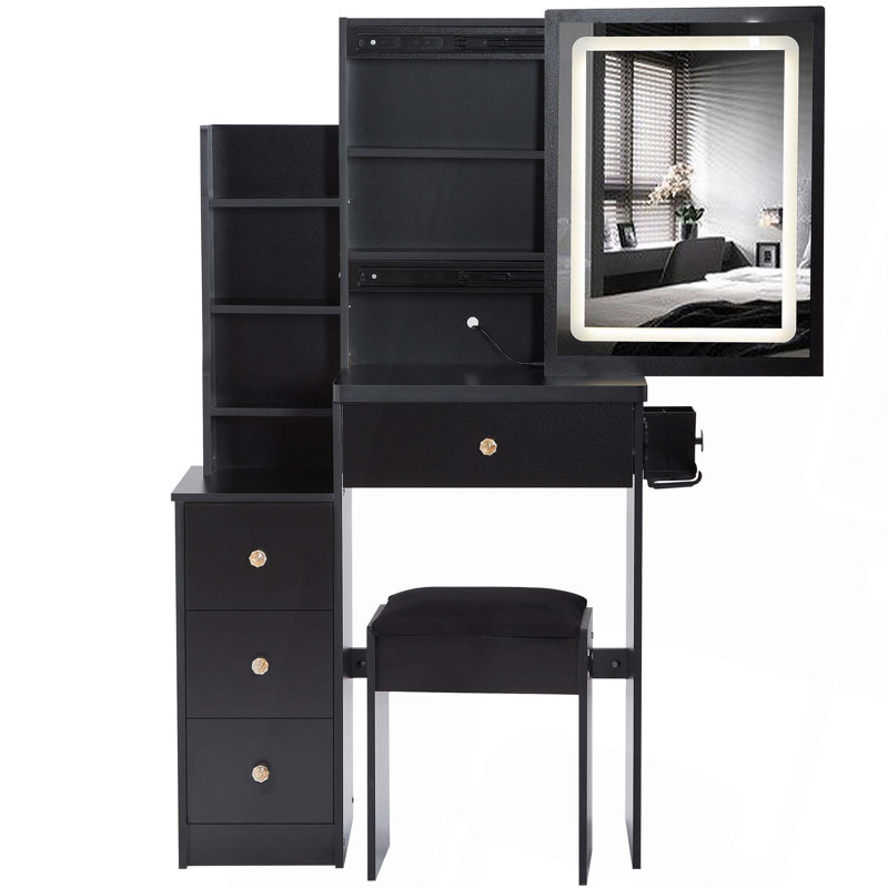 29.2" Small Size Left Bedside Cabinet Vanity Table   Cushioned Stool, 2 AC 2 USB Power Station, Hair Dryer Bracket, Extra Large Touch Control Sliding LED Mirror, Tri-Color Switching, Brightness Adjust