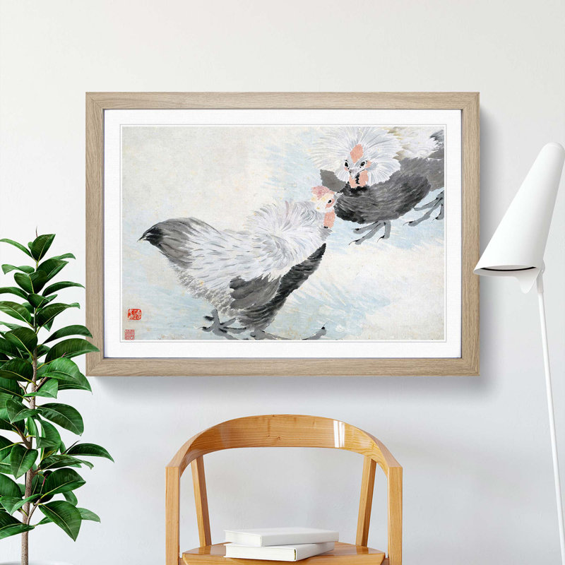Two Roosters by Ren Yi - Picture Frame Painting Print, 36cm H x 48cm W x 2cm D, Oak Framed