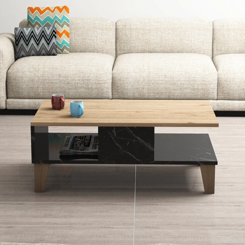 Table basse moderne, finition chêne et marbre, 35,4 x 13,9 x 21,3 pouces | 100% panneau de particules enduit de mélamine, épaisseur: 0,7 pouce | Conception élégante et durable pour le salon, concept de nouveauté élégant