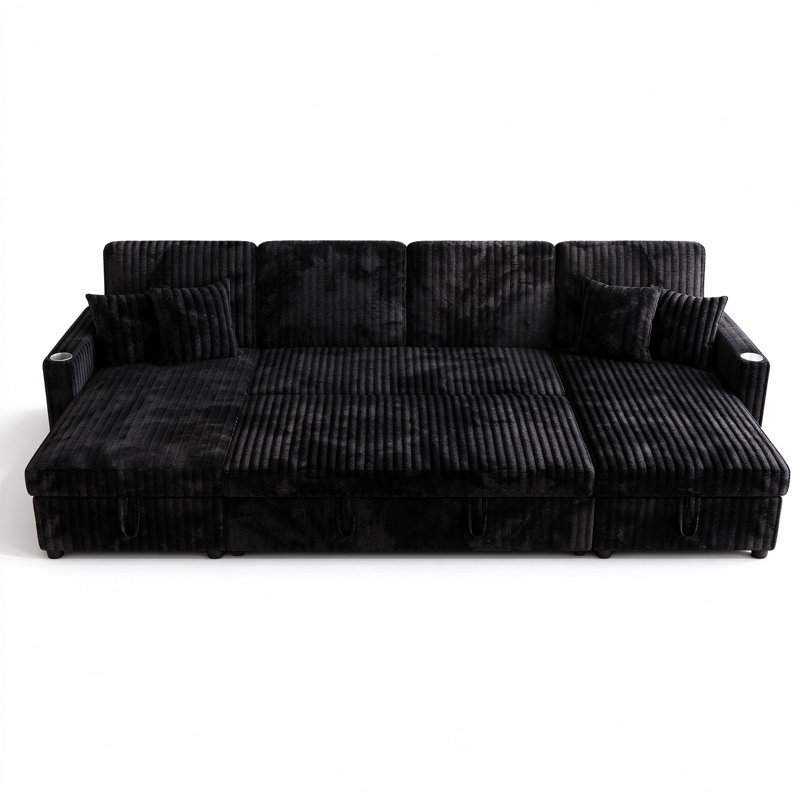 Très grand canapé-lit modulaire en U 107 po avec lit escamotable et chaises de rangement doubles, 107 po, noir, Noir
