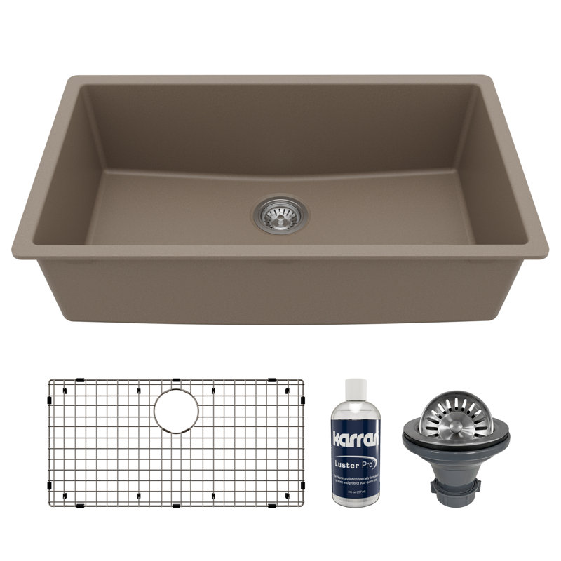 Karran Quartz 32-1/4'' X 19-1/4'' Large Single Bowl Undermount Kitchen Sink Kit, Concrete