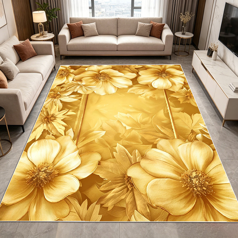 1PC Gold Embossed Floral Frame area rugs for Living Room, Soft and Comfortable, Suitable for all seasons, easy-to-maintain, machine washable Indoor floor mat, Under Table Farmhouse suitable for dining room, bedroom, kitchen, entryway, patio, home